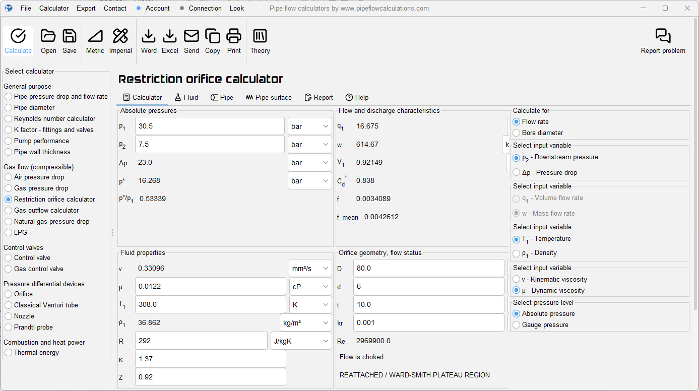Restriction orifice bore sizing calculator