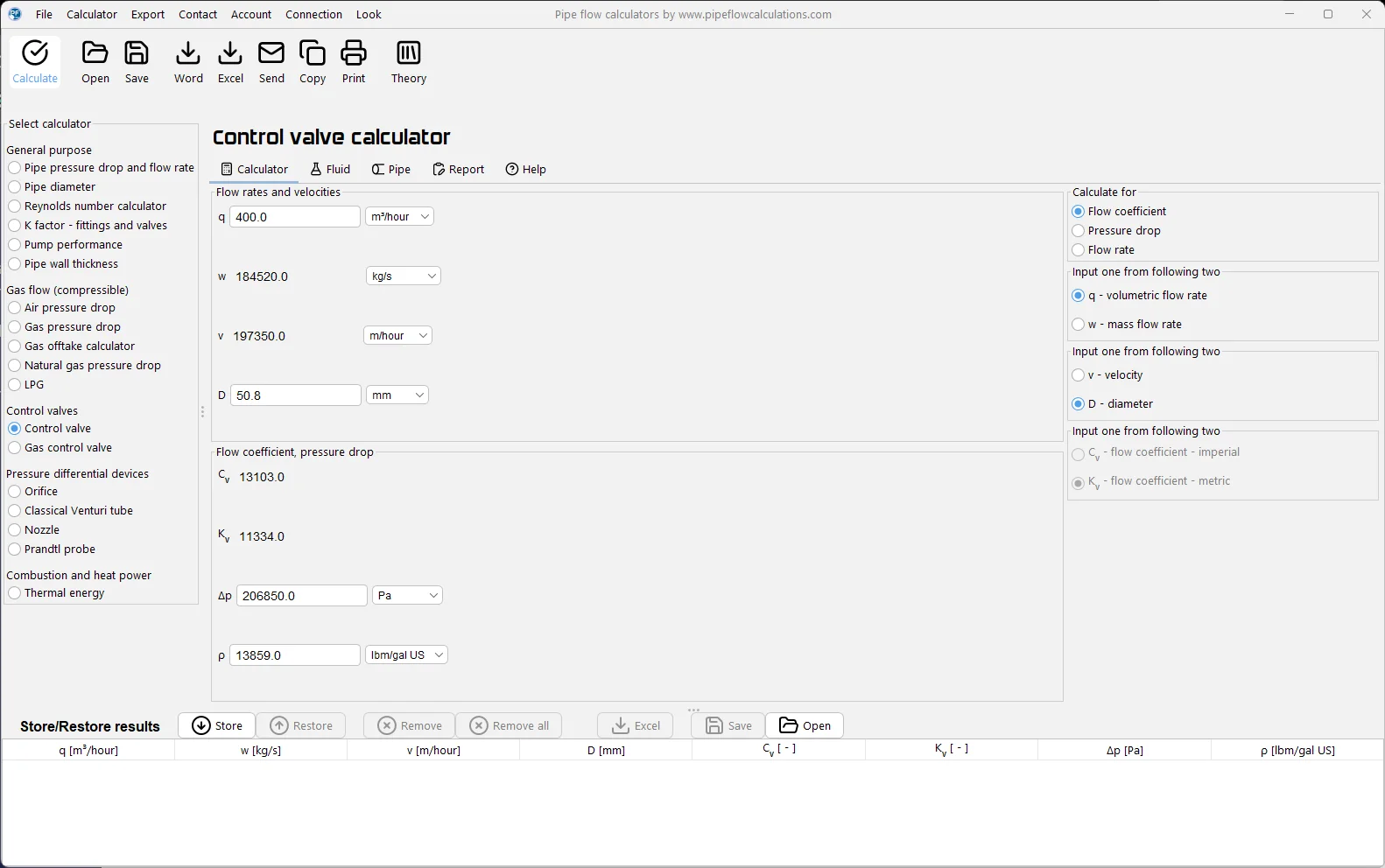 Control valve calculator