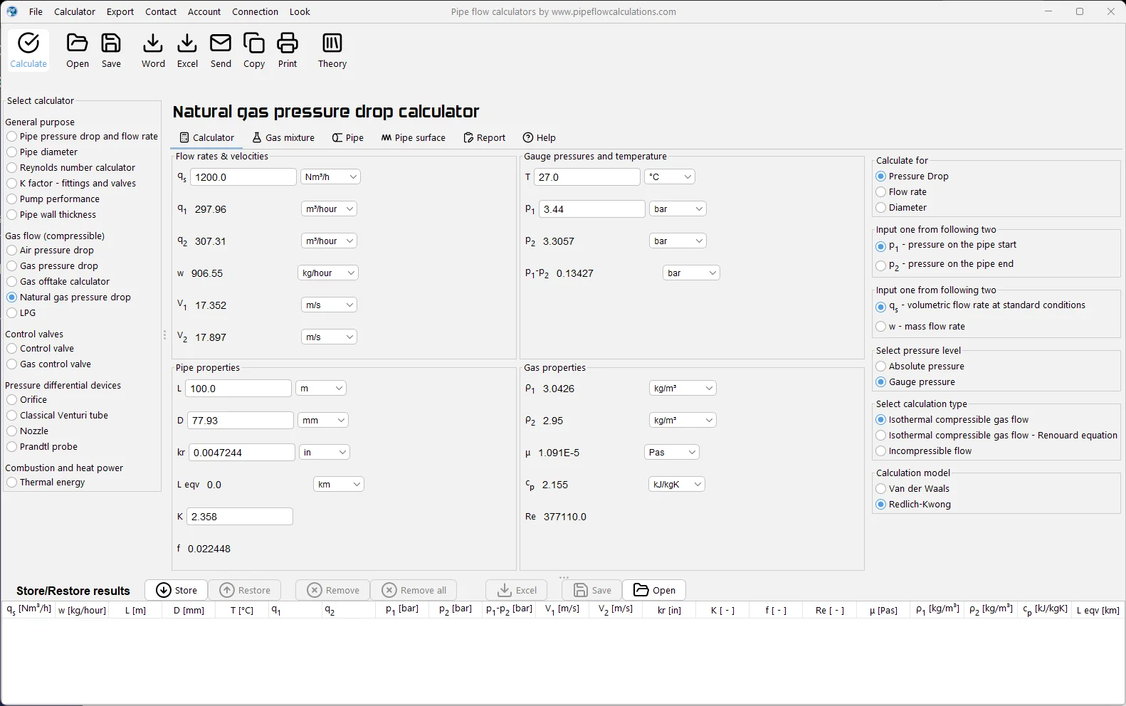 Natural gas pressure drop calculator