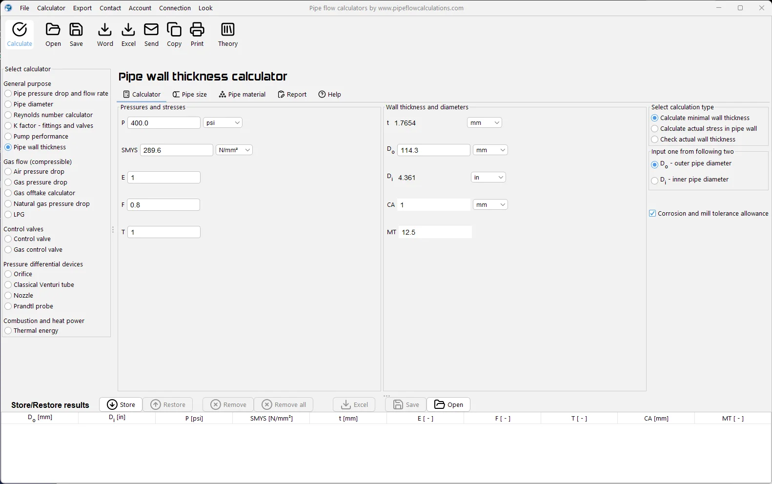 Pipe wall thickness calculator